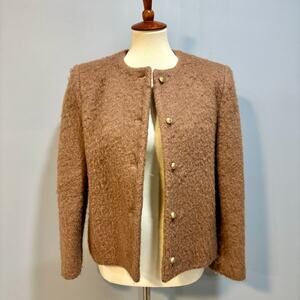 Brown Bouclé Jacket Gold Button Collarless Blazer Wool Blend Cozy Chic, Size 10